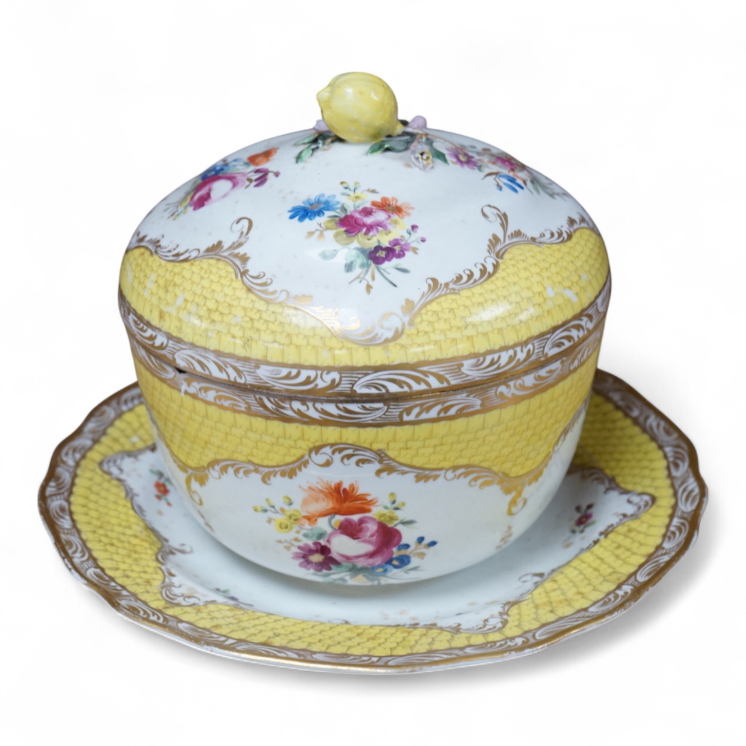 A late 18th century Vienna porcelain ecuelle, cover and stand, hand painted with flowers, 24cm in diameter